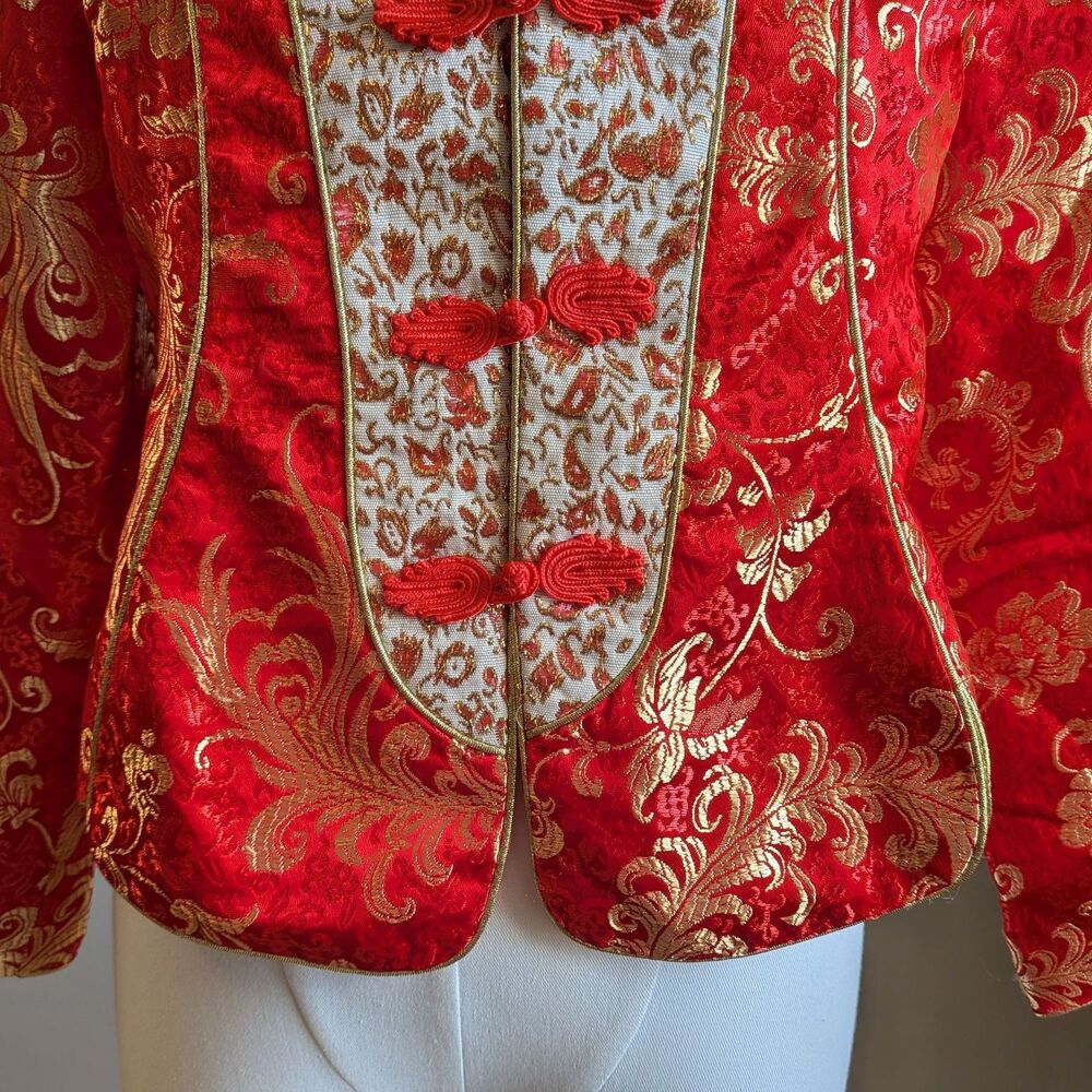 Huamei Red Brocade Jacket Traditional Chinese Gold Frog Closure Size 15 - Picture 6 of 15